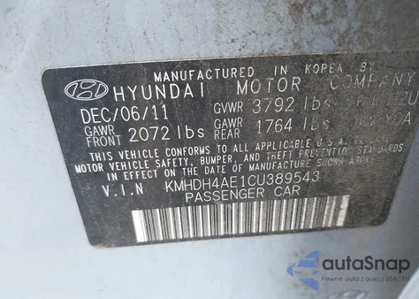 2012 Hyundai Elantra Limited (Ulsan Plant) z USA, uszkodzony, nr VIN KMHDH4AE1CU389543
